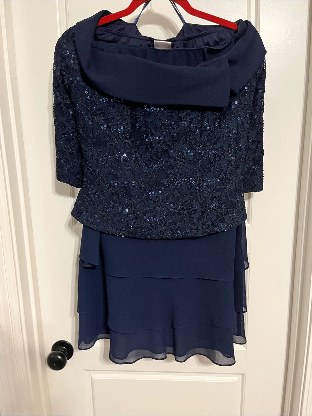 Navy Blue Sequined Lace Layered Evening Skirt & Top
